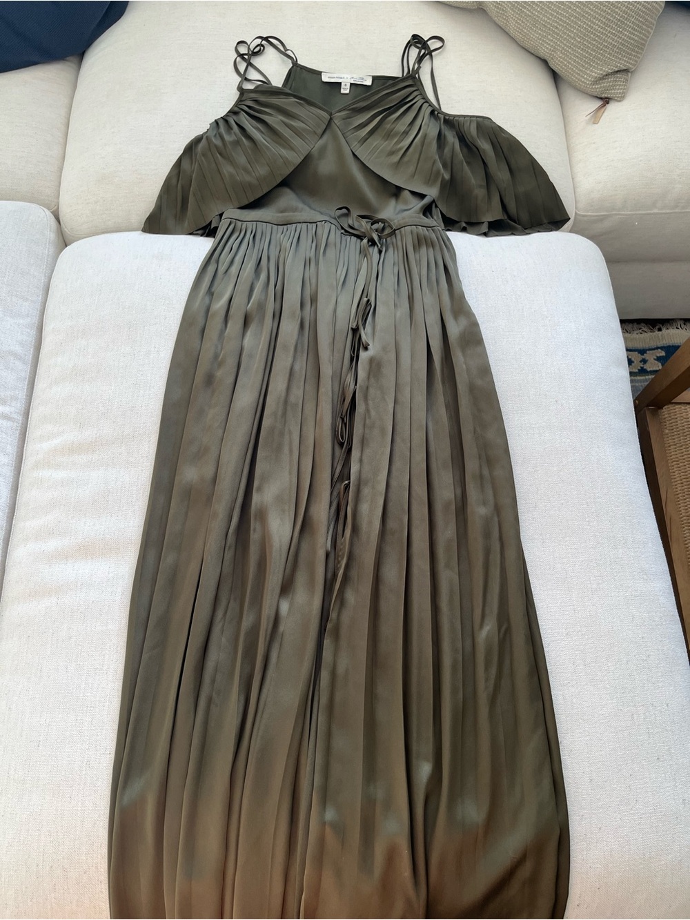 Olive Cold-Shoulder Pleated Maxi Dress